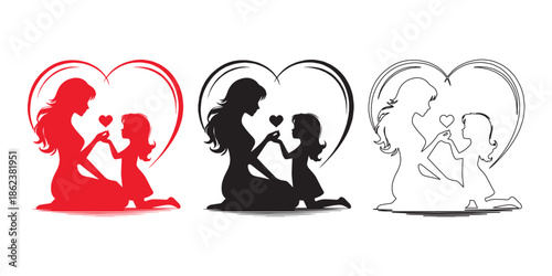 Mother and Daughter Sharing Heart Silhouette with Love Symbol – Vector Illustration