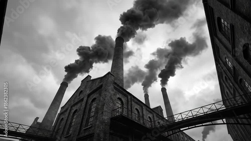 Victorian era industrial factory with tall smokestacks emitting thick smoke. Brick buildings and overcast sky in historical urban landscape. Industrial revolution concept in black and white.