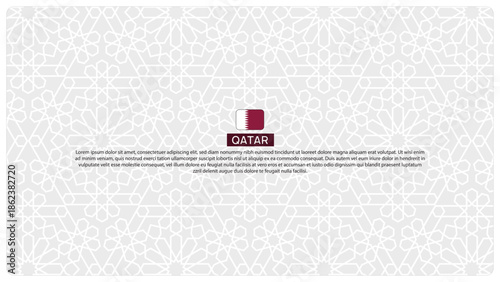 Minimalist Islamic Geometric Qatar Background with Light Gray White Pattern, Arabic Ornament Shapes and Clean National Flag Icon for Corporate Banner