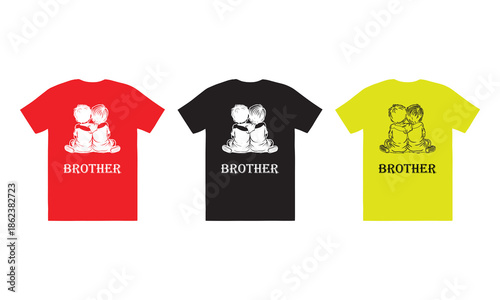 Brother T-Shirt Design – Cute Brothers Hugging Illustration (Red, Black, Yellow Variants)