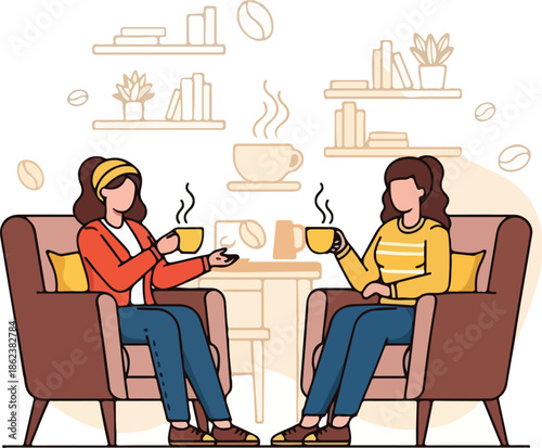 Two women sitting in armchairs drinking coffee and chatting in a cozy living room with bookshelves
