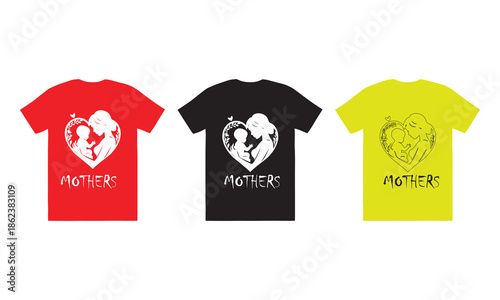 Mother and Child T-Shirt Design – Loving Mom and Baby Illustration (Red, Black, Yellow Variants)