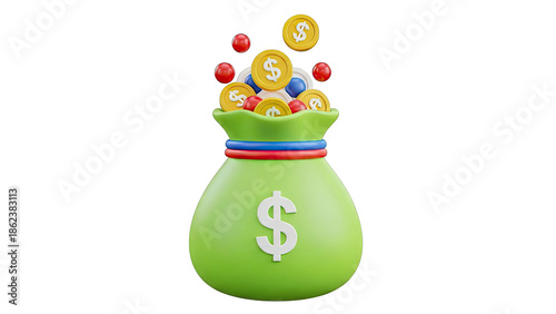 3D Cartoon Money Bag with Coins and Balls