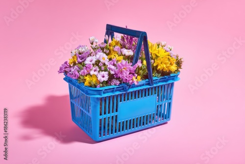 Blue basket overflowing with vibrant assorted flowers against a soft pink backdrop