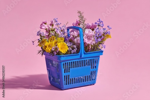 Blue basket overflowing with vibrant, colorful flowers against a soft pink backdrop