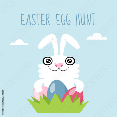 Cute Easter bunny with colorful eggs in grass. Flat vector illustration for Easter egg hunt, kids design, greeting card and spring holiday themes.