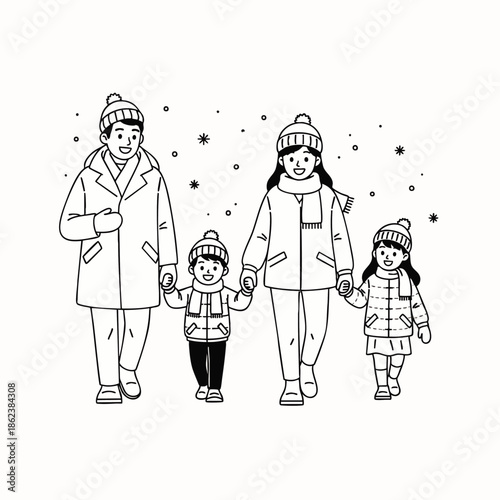 Happy family walking in the snow during winter, holding hands, wearing warm clothes and hats, with snowflakes falling around them.