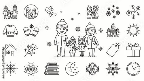 Set of winter icons: family, snowflakes, gifts, sweater, mittens, house, clock, moon, sun, branches, tags