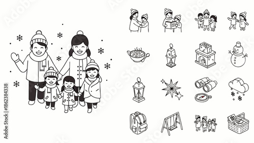 Happy Family in Winter Clothes with Snowflakes and Winter Icons, Black and White Line Art