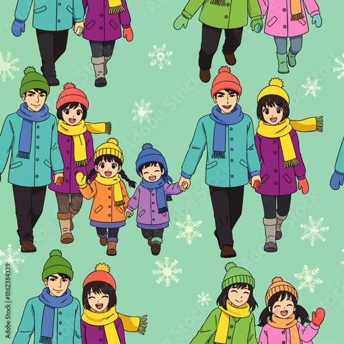 Seamless pattern of happy families walking in the snow, wearing winter clothes and scarves, with snowflakes