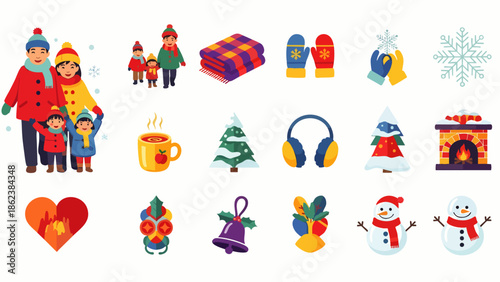 Winter Holidays Icons Set: Family, Snowman, Christmas Tree, Fireplace, Hot Drink, Snowflakes, Mittens, Scarf, Blanket