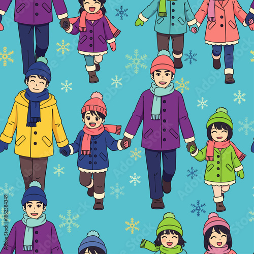 Joyful winter seamless pattern featuring diverse families and friends walking hand in hand, wearing warm clothes. Happy people illustration with snowflakes on blue.