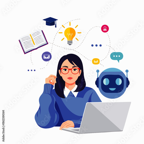 Young woman learning online with laptop, surrounded by educational and AI technology icons, representing e-learning, digital knowledge, and future education.
