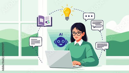 Young woman learning and working with AI technology on laptop, surrounded by educational icons and communication bubbles
