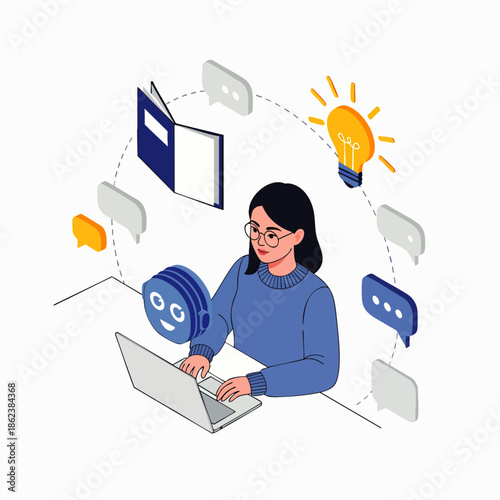 Digital learning and remote work concept: Woman on laptop, surrounded by icons of online education, communication, ideas, and AI, illustrating modern productivity.