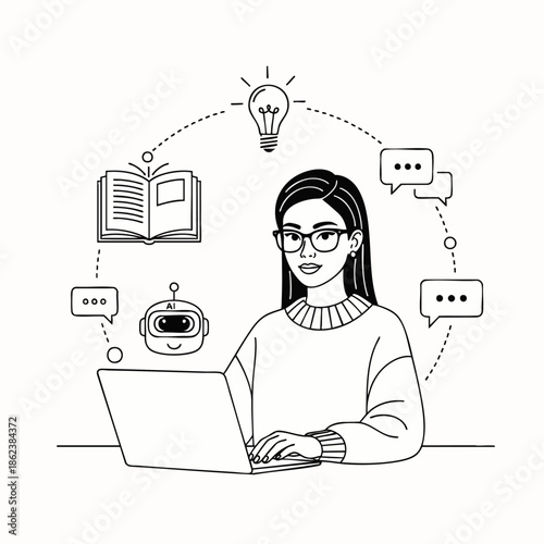 Young woman using laptop, surrounded by icons of AI, learning, ideas, and communication. Concept of modern education, technology, and creative problem-solving.