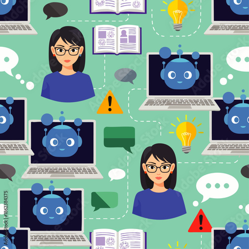 Seamless pattern of women, AI chatbots on laptops, books, and ideas. Explores digital learning, human-AI interaction, technology, and modern education.