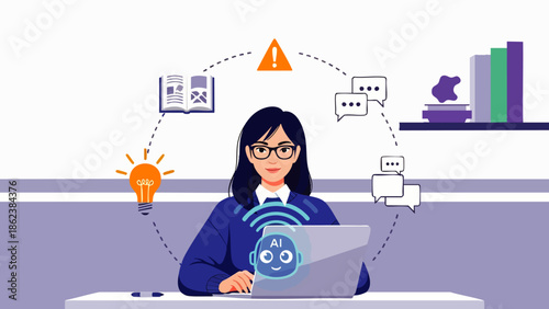 Woman using AI technology for business analysis and idea generation, with icons representing data, communication, and innovation