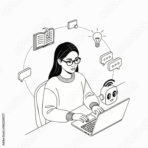 Young woman focused on her laptop, surrounded by a circular array of icons representing online learning, AI, ideas, and digital communication.