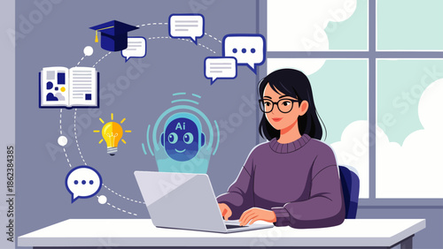 Young woman engaging in online learning with AI technology. Digital education concept illustrating e-learning, knowledge acquisition, and future of intelligence.