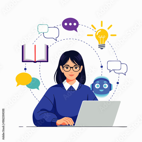 Female student engaged in online learning, surrounded by symbols of knowledge, technology, AI, and communication, representing modern digital education.