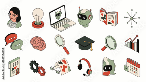 Isometric icon set for artificial intelligence, education, business, and technology. Includes elements like robots, data, learning, research, and innovation.