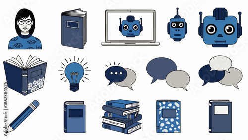Set of icons representing education, technology, and communication with a blue robot theme