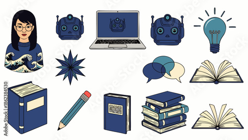 Set of Icons Representing Education, Technology, and Learning - AI, Books, Laptop, Lightbulb, Student