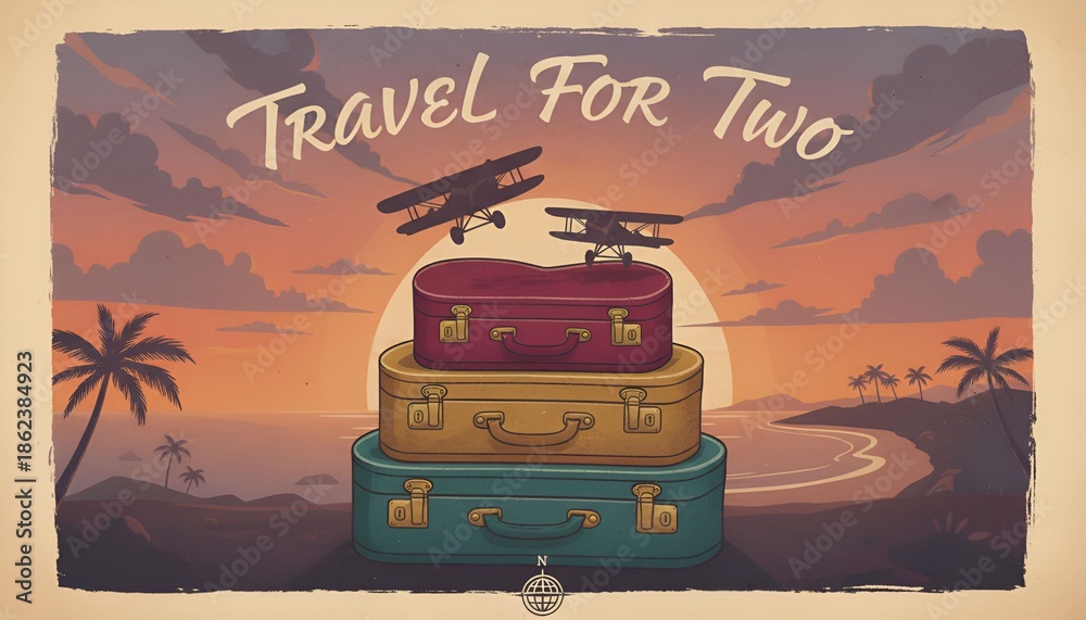 Fototapeta premium Travel plans take shape with three vintage suitcases and an airplane silhouette at sunset over a tropical beach Valentine's Day