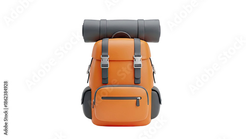 Orange Backpack with Sleeping Pad on White Background