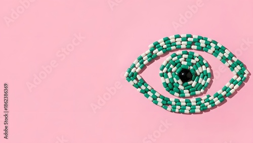 Creative Eye Design with Beads, Artistic Display on Pink Background, Visual Art, Abstract Concept