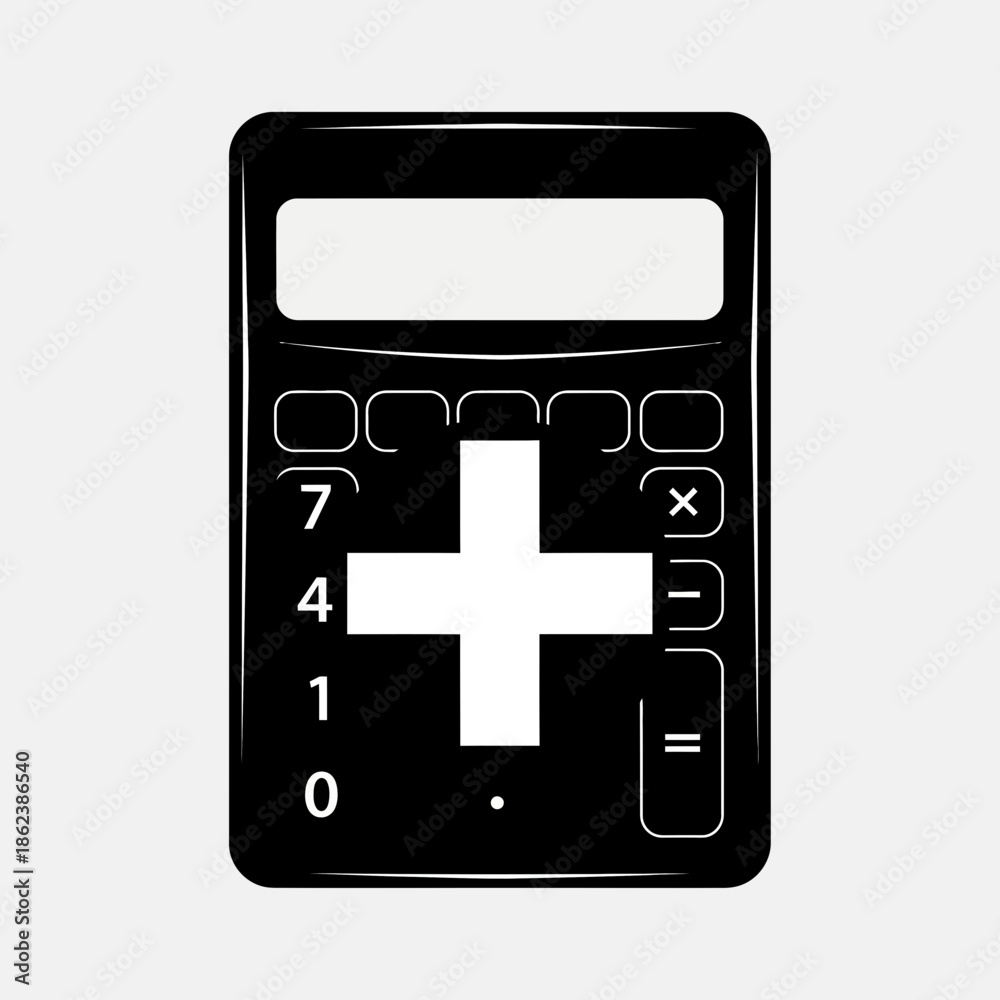 Obraz premium Black Silhouette Calculator Icon with Large Plus Sign for Addition and Calculation Symbol