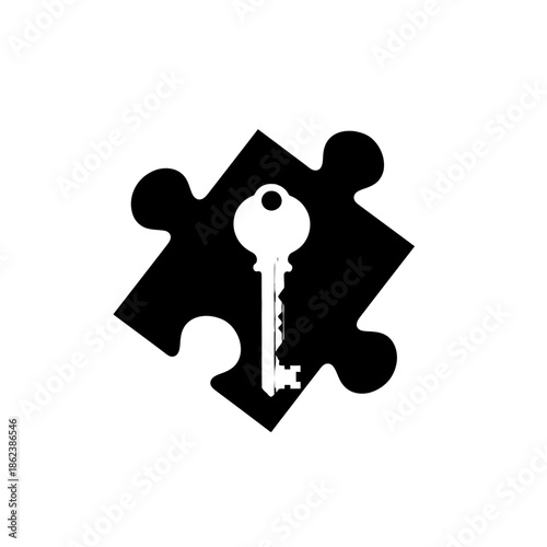 Minimalist Black and White Icon of Key on Puzzle Piece Symbolizing Solution and Access