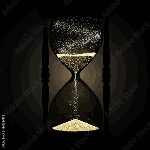 Golden Stardust Flowing in an Hourglass Timer Against a Dramatic Dark Background