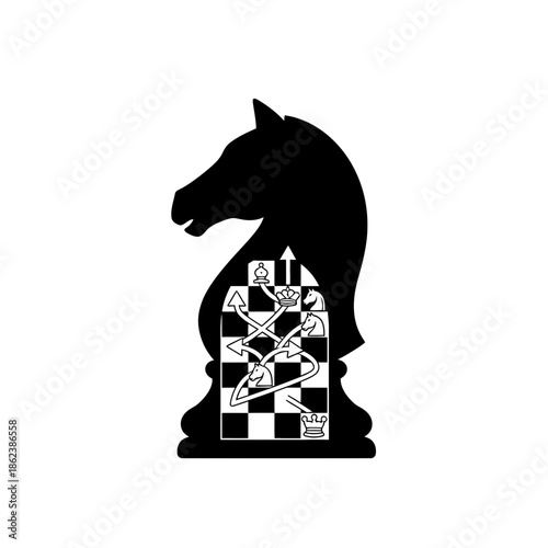Black Knight Chess Piece Silhouette with Internal Strategy Board and Movement Arrows