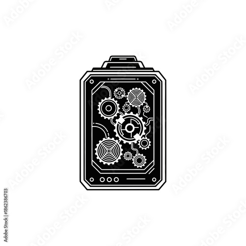 Steampunk Mechanical Device Panel with Visible Clockwork Gears and Cogs, Black and White Icon Illustration