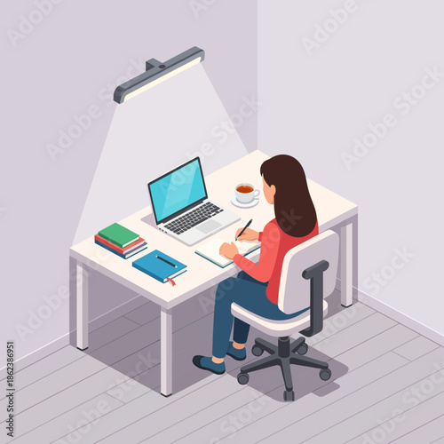 Woman studying at desk with laptop, notebook, books, and tea, under desk lamp