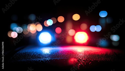 Blurred city lights with blue and red emergency vehicle's flashing lights at night