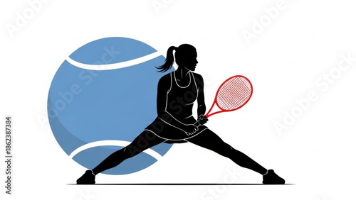 tennis player in action with a large tennis ball in the background, symbolizing the sport and athleticism Silhouette of a female 