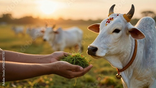 Hand Feeding Cow in Sunset Field