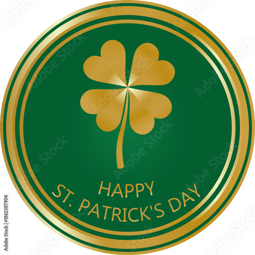 Green circle with a gold border and a shamrock in the center, with the words 