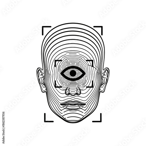 Conceptual Facial Recognition Scan with Contour Lines and All-Seeing Eye