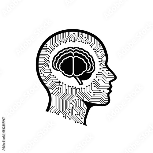 Artificial Intelligence Brain Circuit Icon: Technological Human Head Silhouette