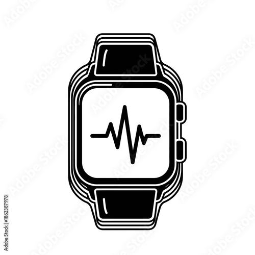 Smartwatch icon displaying heart rate monitor ECG waveform in black and white silhouette.