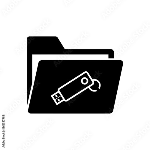 USB Flash Drive in Folder Icon representing Portable Data Storage and File Transfer.