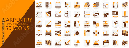 Carpentry, wood working dual tone icons pack. contain adze, awl, axe, wood, drill, dowel, chisel, jack plane, hammer, hinge and more. Vector for print, digital UI, UX kit, web and app development.