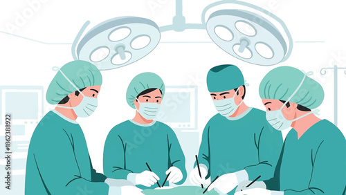 Surgical Team with Doctors and Nurses in Operating Room Flat Vector Illustration