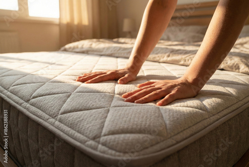 Person Examines Firmness And Surface Details Of Cozy Mattress In Sunlight
