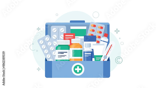 Flat Medical Supply Box with Organized Medicines Vector Illustration
