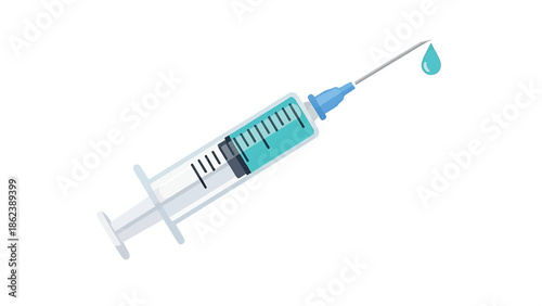 Flat Medical Syringe with Liquid Drop at Needle Tip Vector Illustration